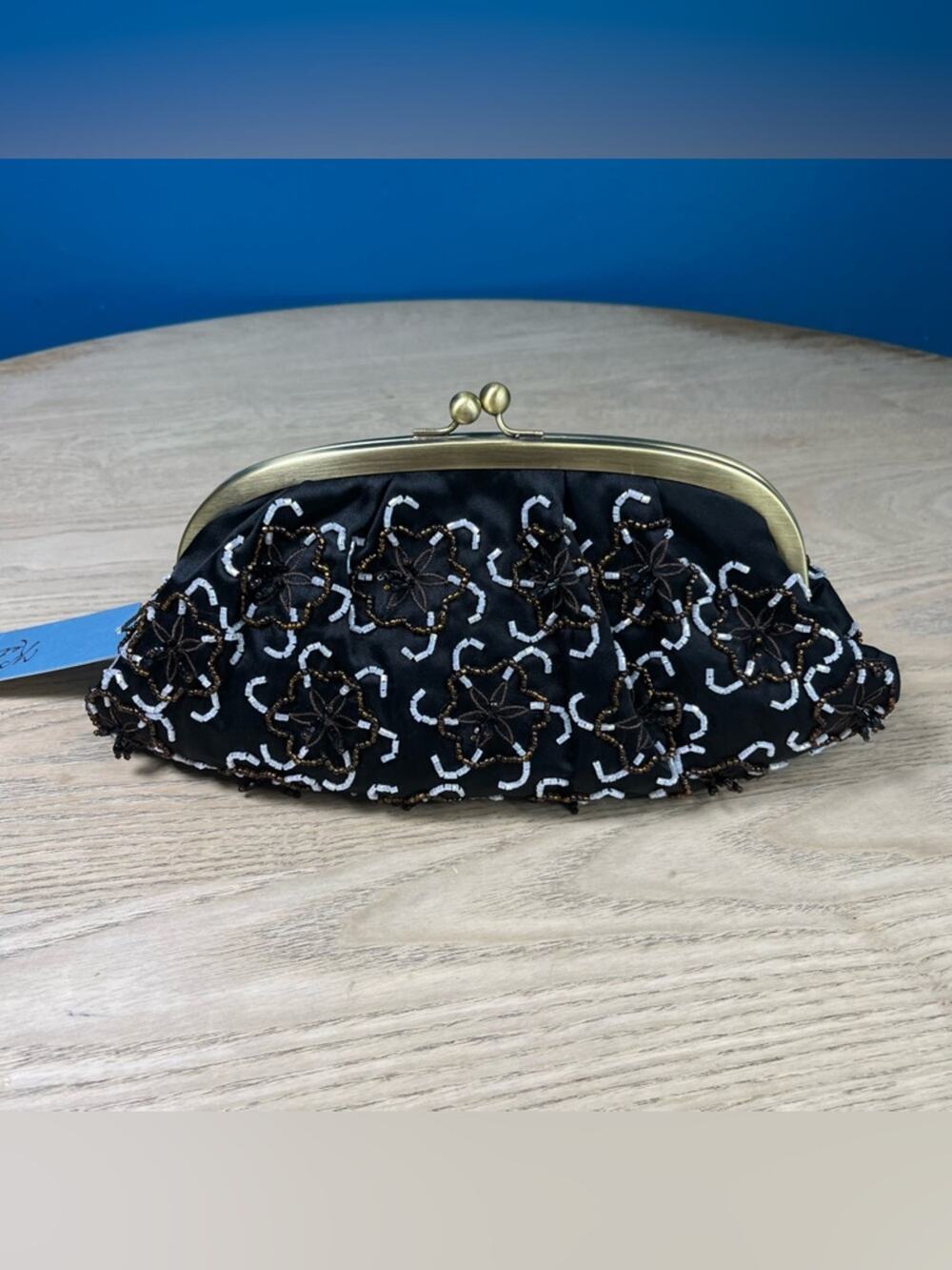 Vintage Kate Landry NWT Beaded Kiss Lock Black Satin Clutch Formal Prom